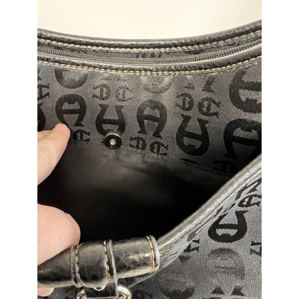 Aigner Black Logo Canvas Leather Trim Strap Shoulder Handbag Retro‎ Classic